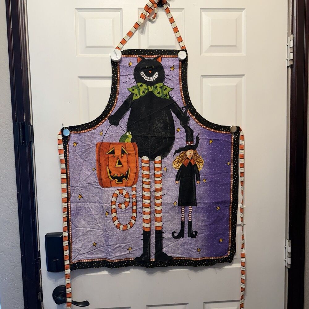 Handmade Halloween Apron Black Cat Witch Pumpkin Pocket Purple Orange Full Bib